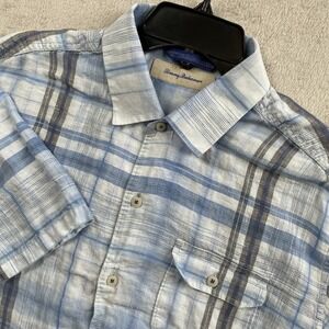 Tommy Bahama‎ Linen Shirt Mens Medium Blue White Plaid Pocket Button Up Vacation